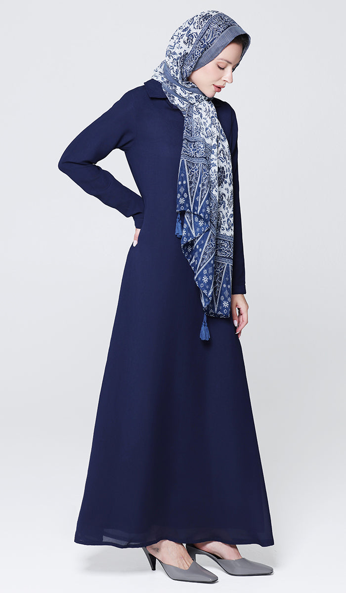 Robe longue longue modeste en mousseline de soie smockée Nadia - Noir