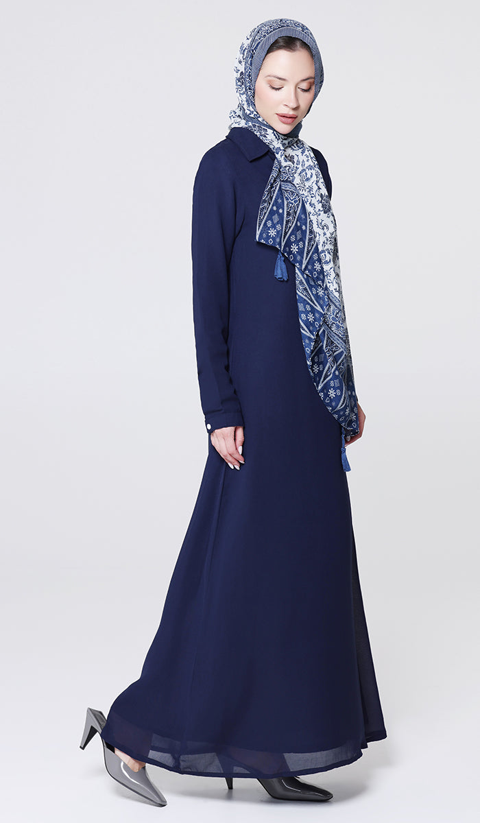 Robe longue longue modeste en mousseline de soie smockée Nadia - Noir