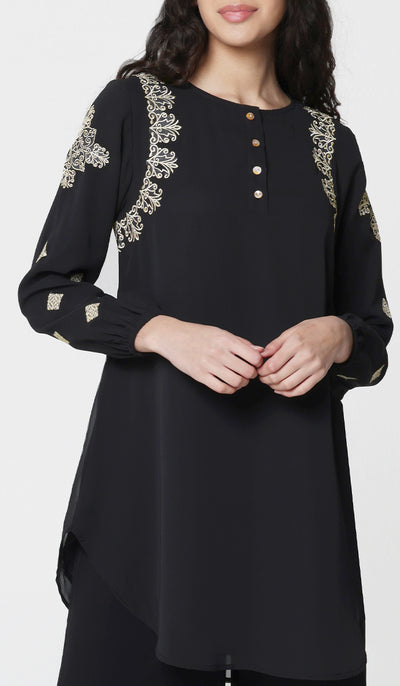 Azmi Gold Embroidered Long Modest Tunic - Black - PREORDER (ships in 2 weeks)