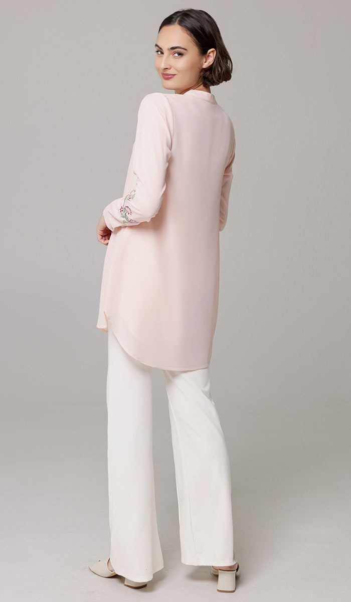 Bahar Embroidered Long Modest Tunic - Blush - PREORDER (ships in 2 weeks)