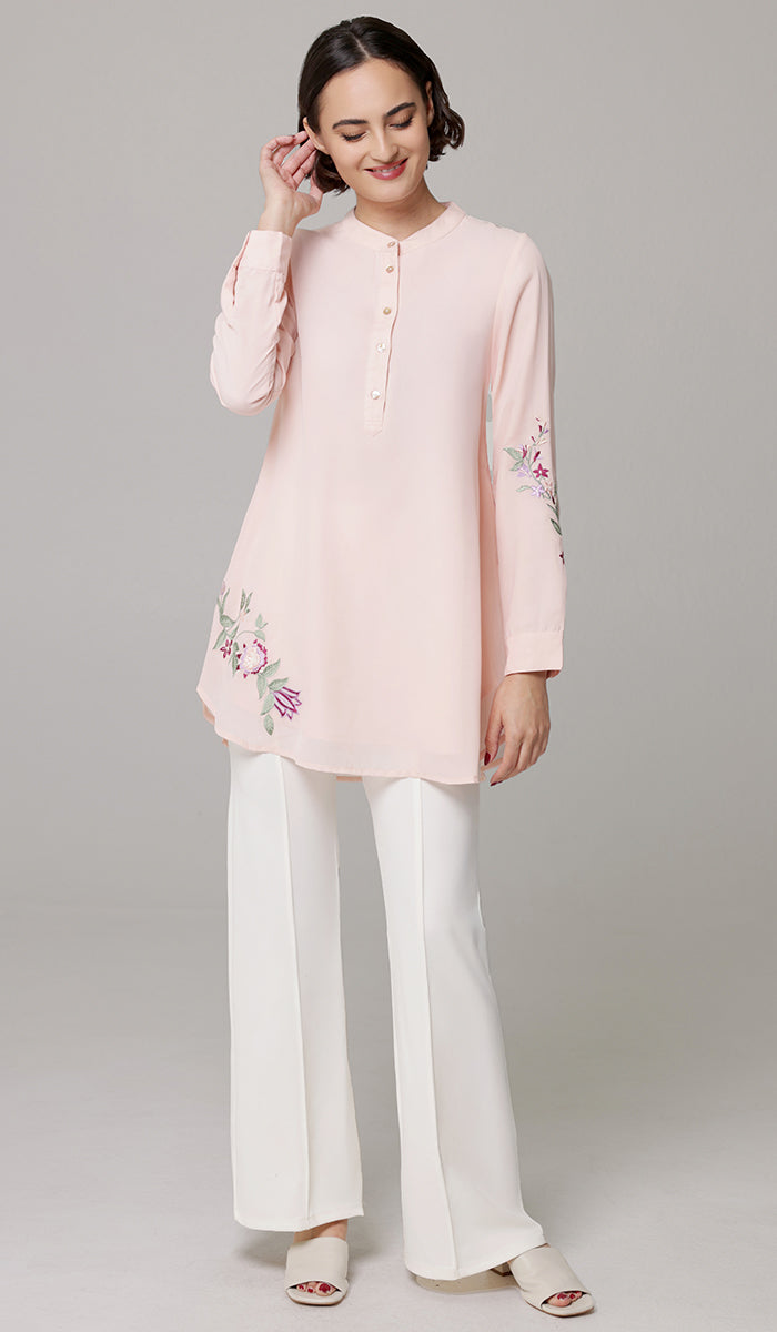 Bahar Embroidered Long Modest Tunic - Blush - PREORDER (ships in 2 weeks)