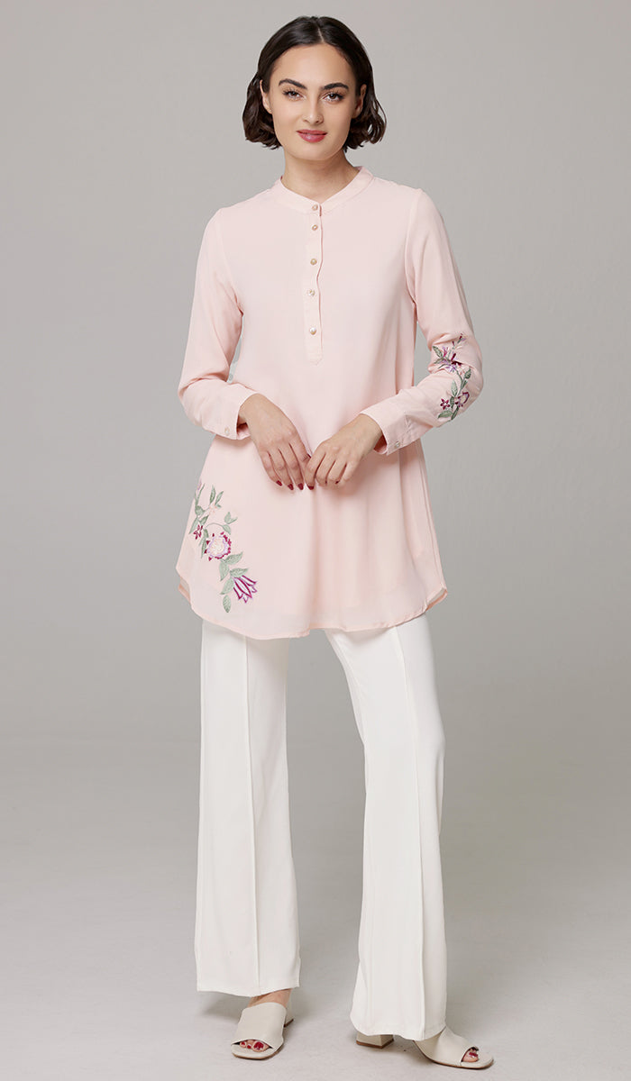 Bahar Embroidered Long Modest Tunic - Blush - PREORDER (ships in 2 weeks)