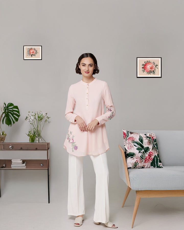 Bahar Embroidered Long Modest Tunic - Blush - PREORDER (ships in 2 weeks)