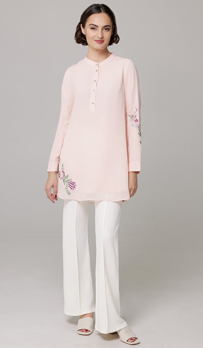 Bahar Embroidered Long Modest Tunic - Blush - PREORDER (ships in 2 weeks)