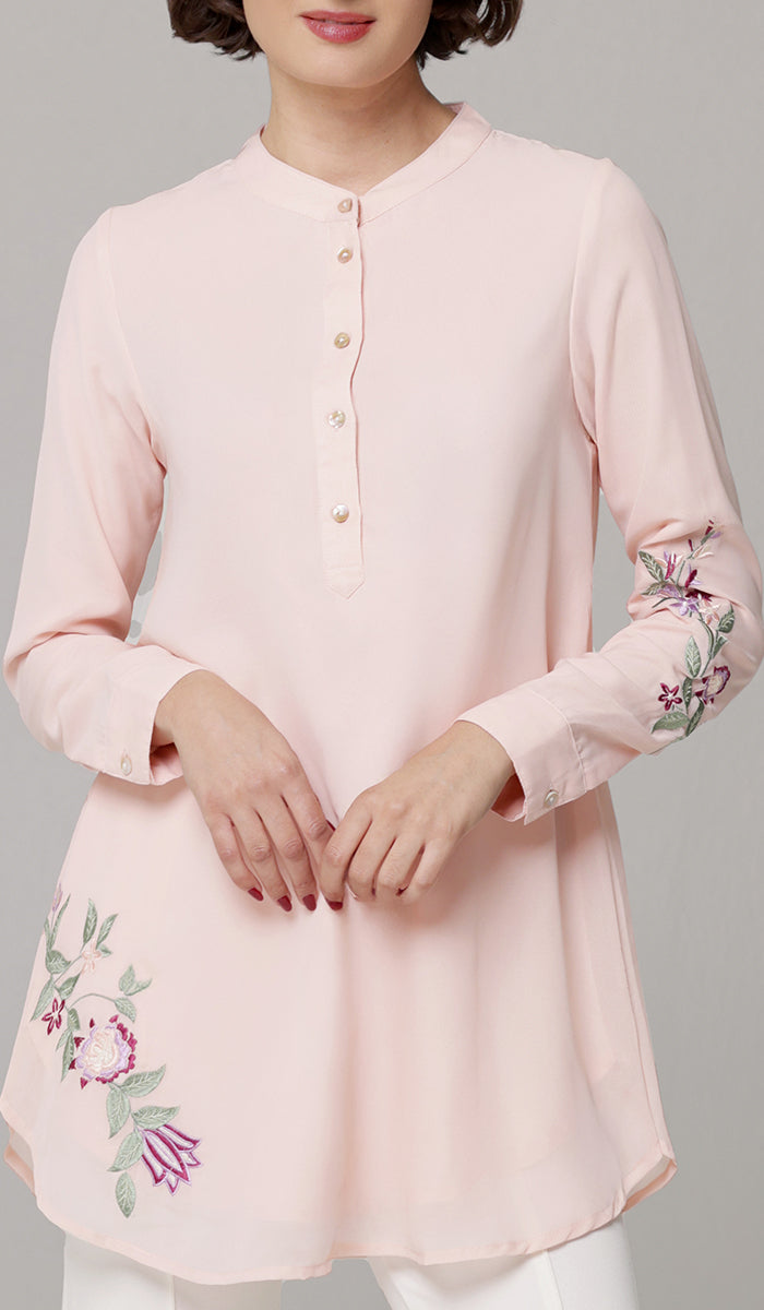 Bahar Embroidered Long Modest Tunic - Blush - PREORDER (ships in 2 weeks)