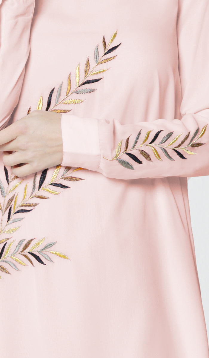 Embroidery details of Baraka tunic in Blush Pink. 