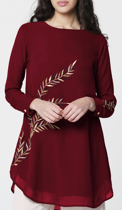 Baraka Gold Embroidered Formal Long Modest Tunic - Ruby - PREORDER (ships in 2 weeks)