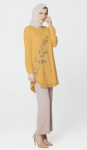 Baraka Gold Embroidered Formal Long Modest Tunic - Saffron - PREORDER (ships in 2 weeks)