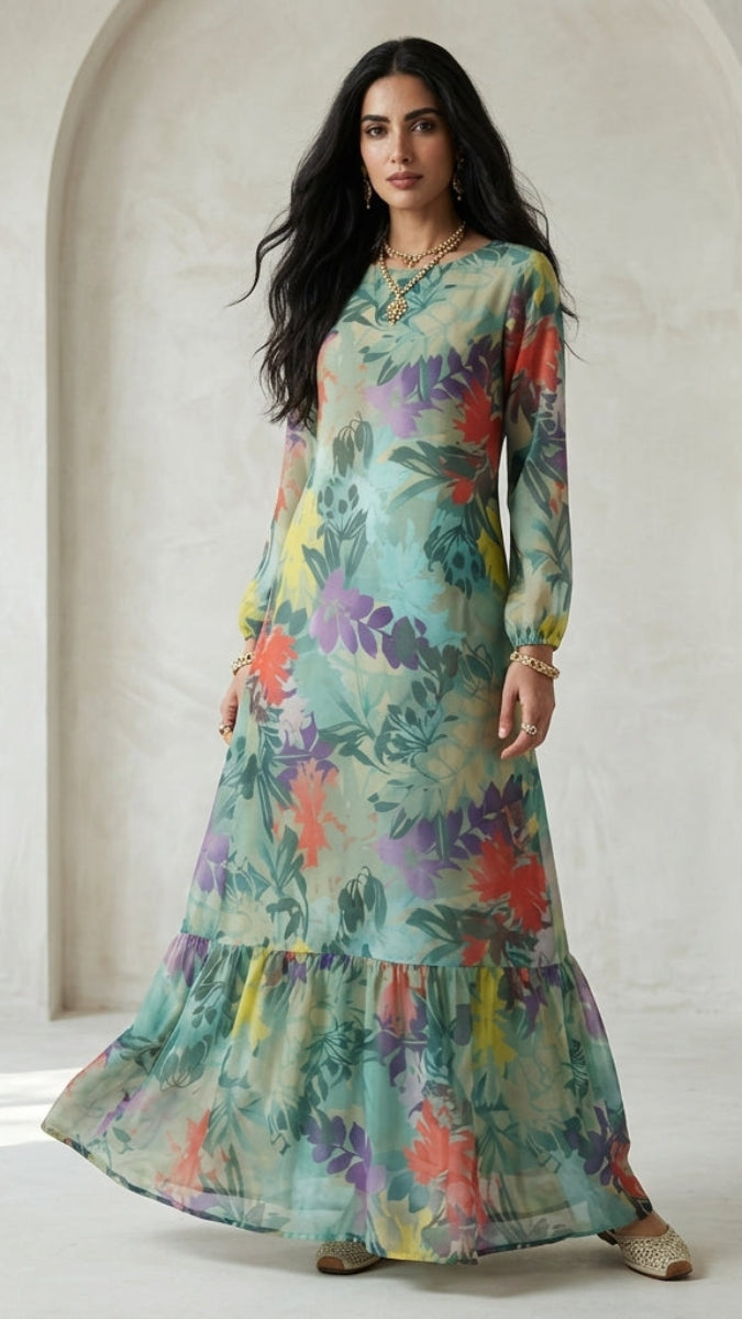 A woman modeling a long-sleeved, tiered maxi dress with a vibrant multicolor floral print on a light teal-green base, set against a neutral, arched wall background.