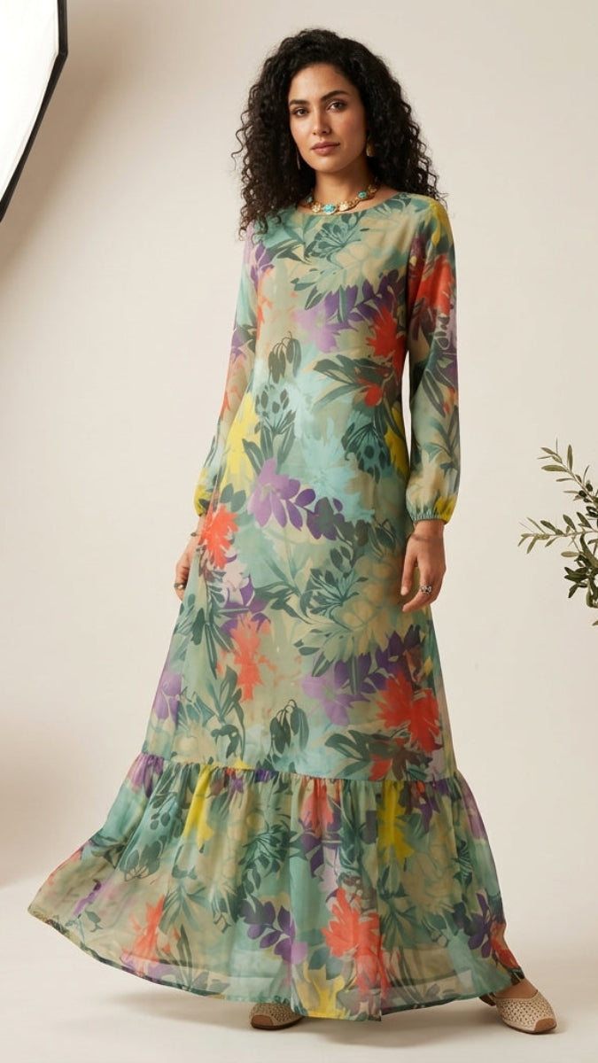 Robe longue longue modeste en mousseline de soie smockée Nadia - Noir