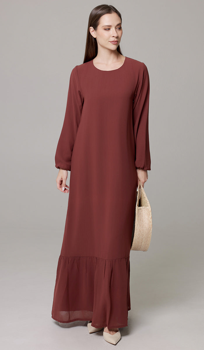 Robe longue longue modeste en mousseline de soie smockée Nadia - Noir