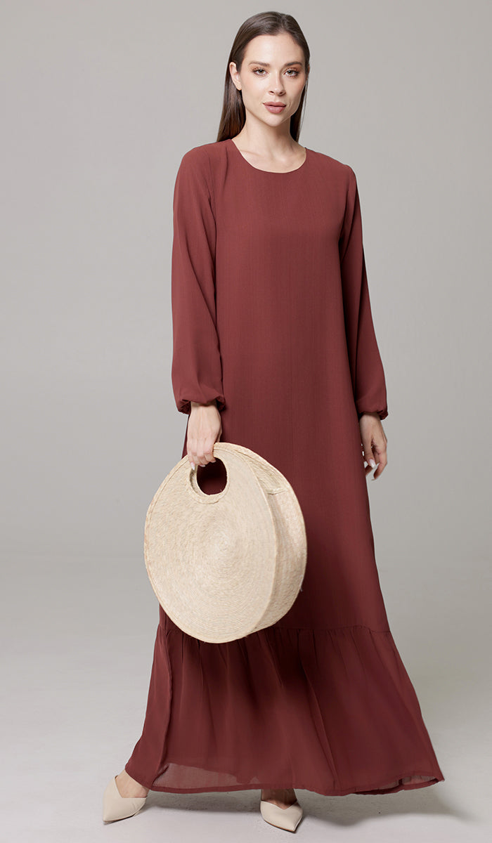 Robe longue longue modeste en mousseline de soie smockée Nadia - Noir