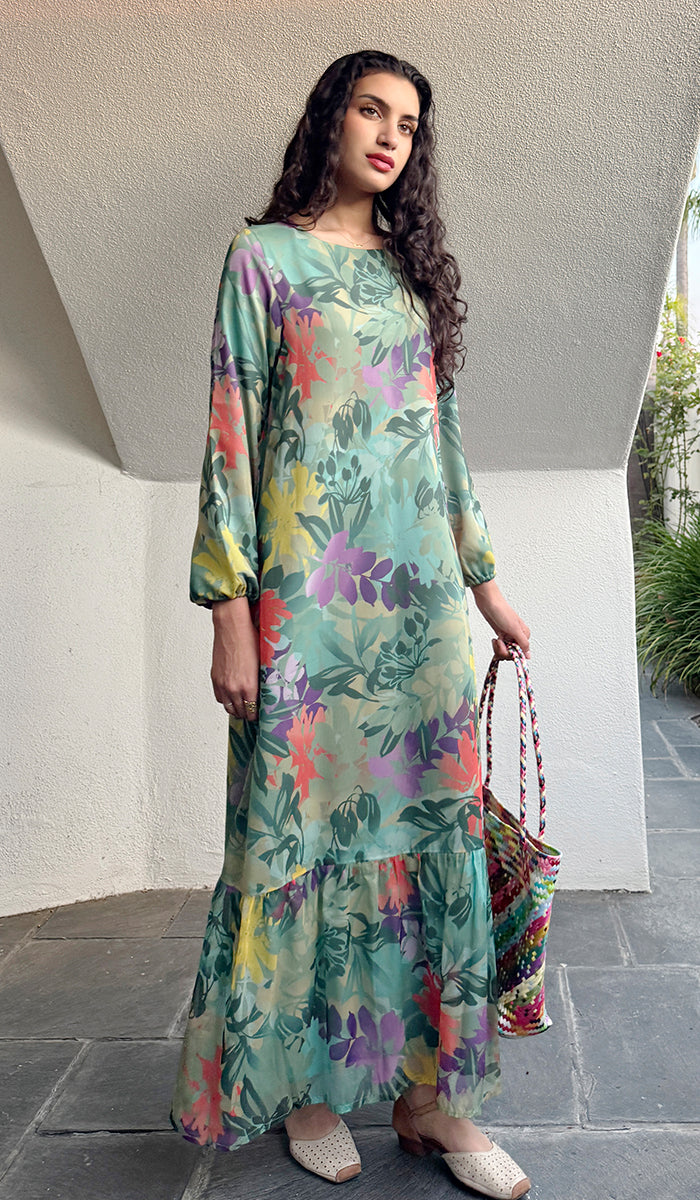 Batool Modest Chiffon Long Maxi Dress - Jade Bloom - PREORDER (ships in 2 weeks)