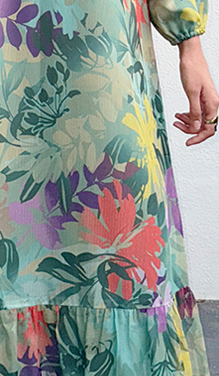 Batool Modest Chiffon Long Maxi Dress - Jade Bloom - PREORDER (ships in 2 weeks)