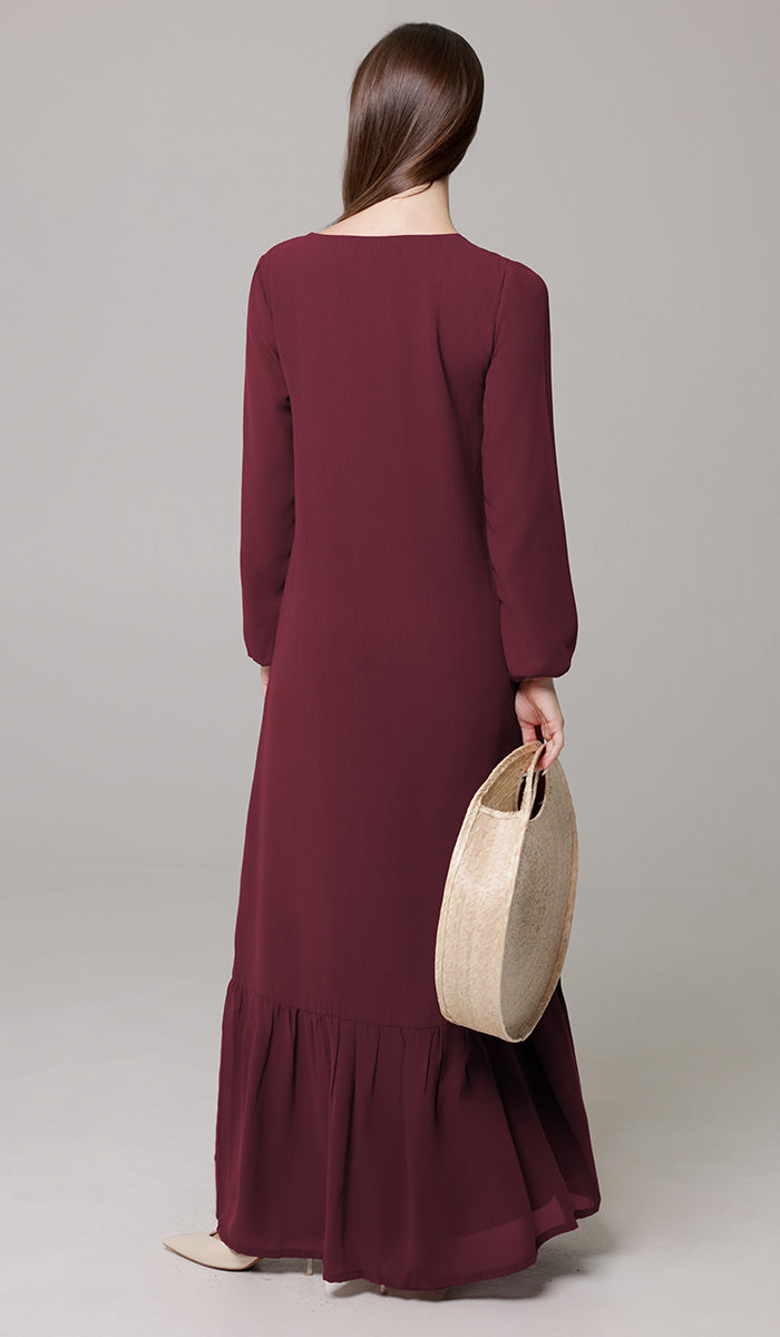 Robe longue longue modeste en mousseline de soie smockée Nadia - Noir