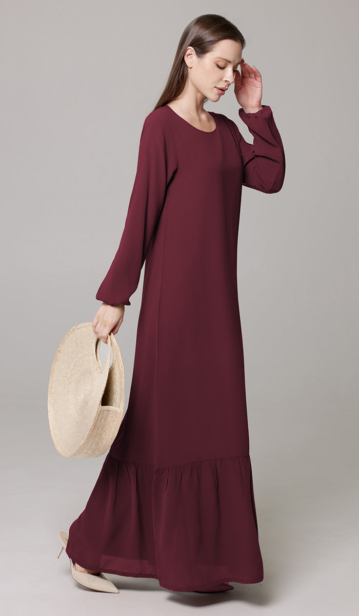 Robe longue longue modeste en mousseline de soie smockée Nadia - Noir