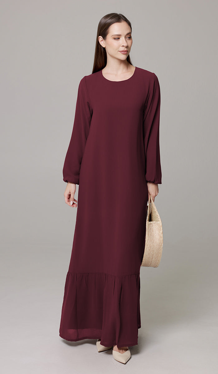 Robe longue longue modeste en mousseline de soie smockée Nadia - Noir