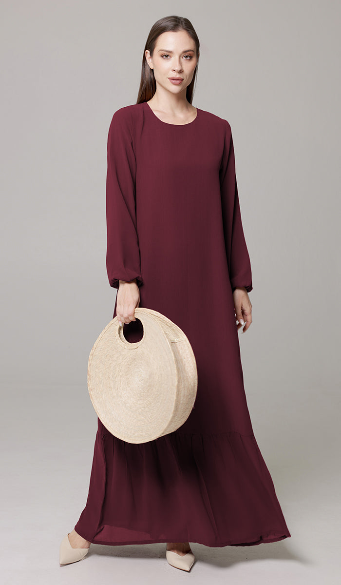 Robe longue longue modeste en mousseline de soie smockée Nadia - Noir