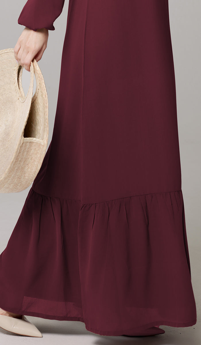 Robe longue longue modeste en mousseline de soie smockée Nadia - Noir