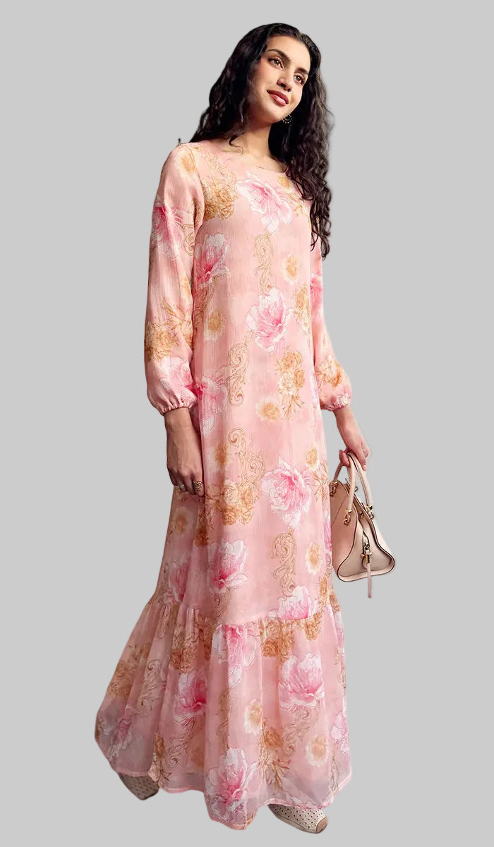 Batool Modest Chiffon Long Maxi Dress - Damask Rose