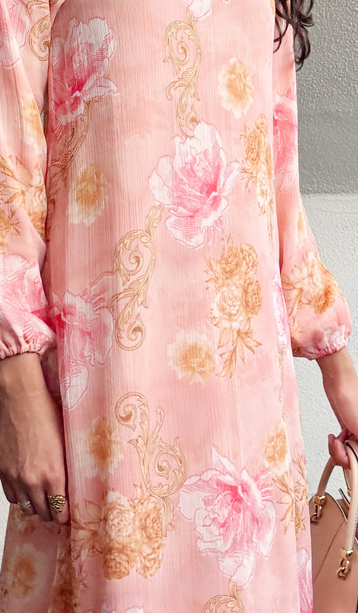 Batool Modest Chiffon Long Maxi Dress - Damask Rose