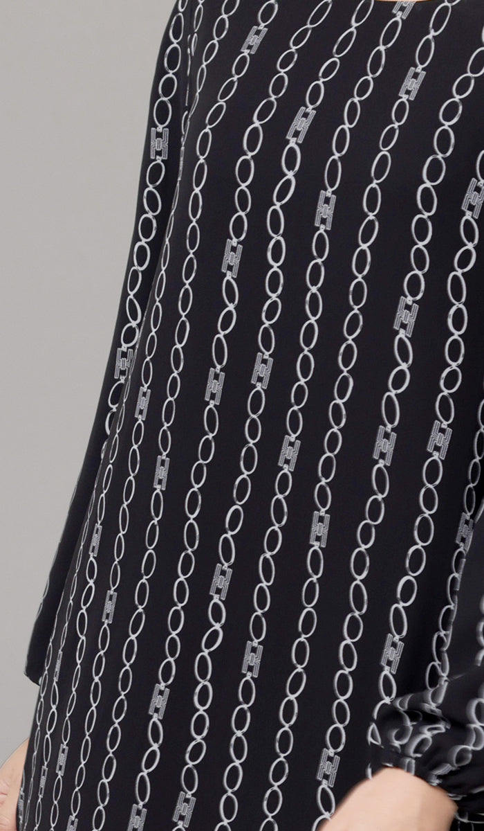 Details of Batool dress pattern in Black/White. 