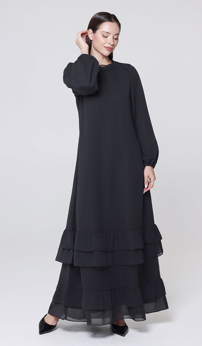 Robe longue longue modeste en mousseline de soie smockée Nadia - Noir