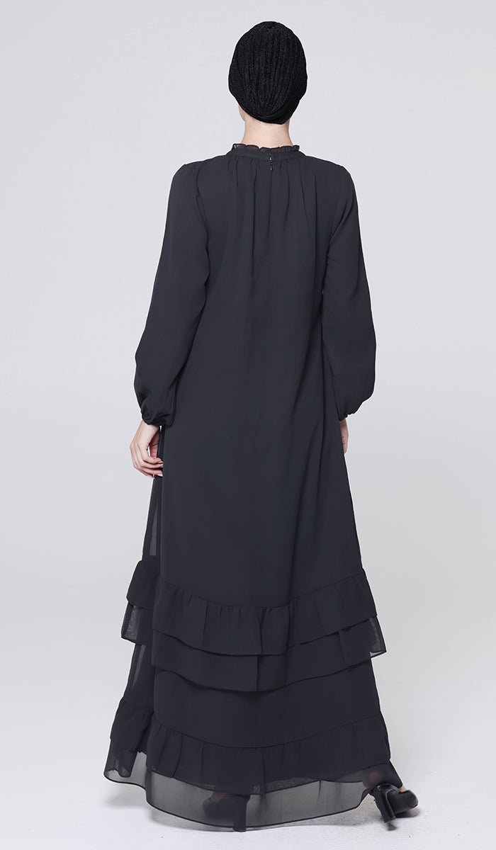 Robe longue longue modeste en mousseline de soie smockée Nadia - Noir