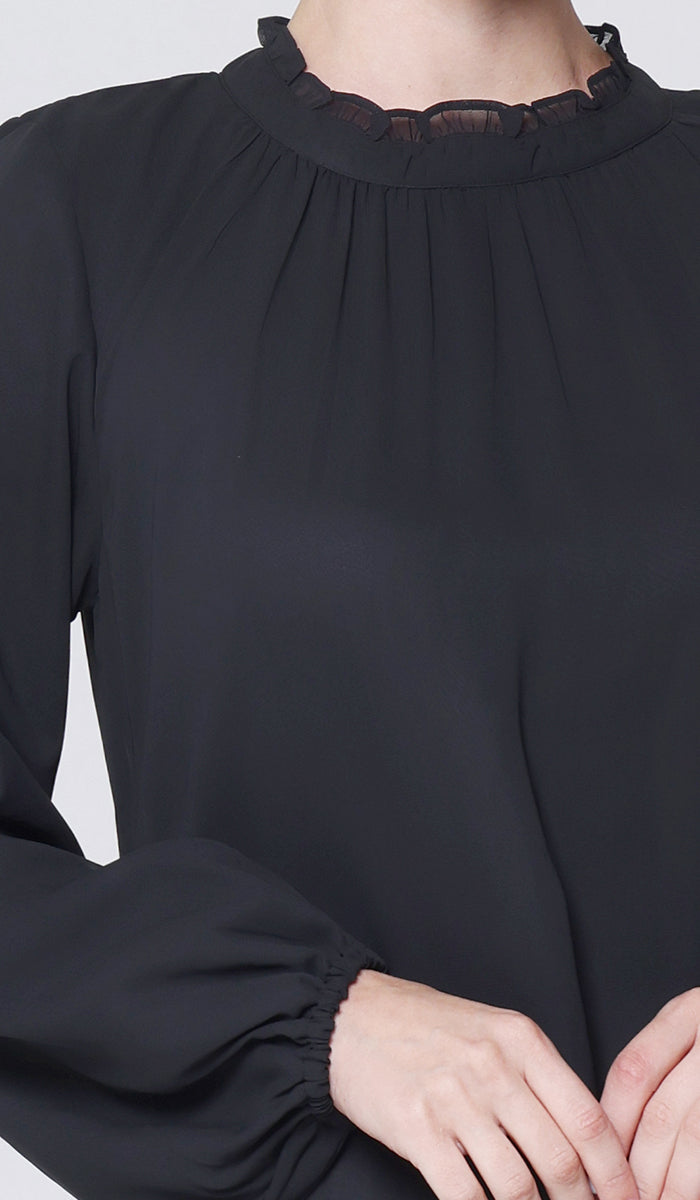 Robe longue longue modeste en mousseline de soie smockée Nadia - Noir