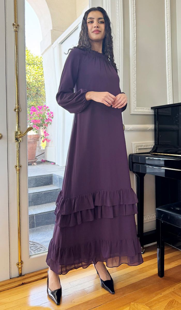 Robe longue longue modeste en mousseline de soie smockée Nadia - Noir