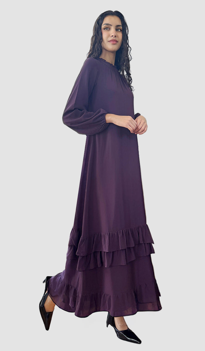 Robe longue longue modeste en mousseline de soie smockée Nadia - Noir