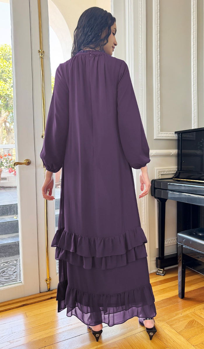 Robe longue longue modeste en mousseline de soie smockée Nadia - Noir