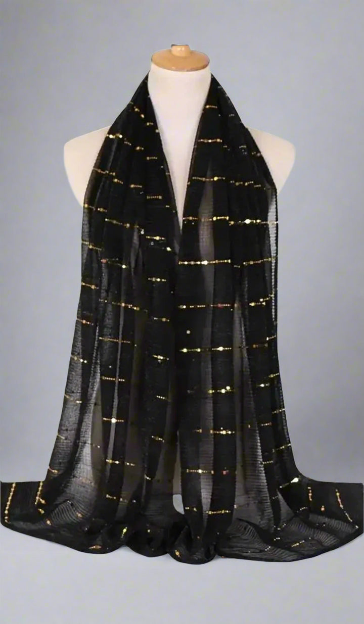 Nina Soft Mesh Sequin Stripe Hijab - Black/Gold