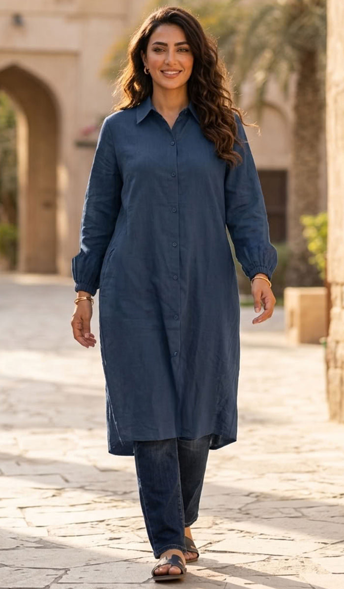 1- Nurun Longline Buttondown Shirt Jacket - Navy