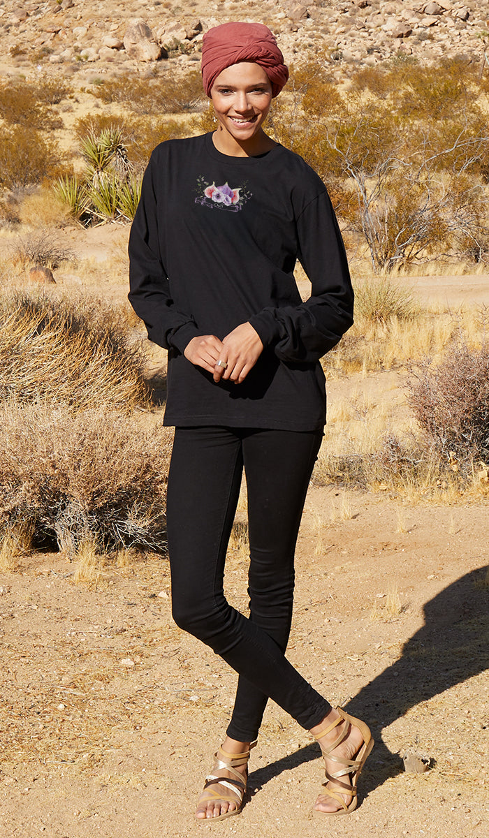 Bustan Collection Long Sleeve 100% Cotton T-Shirt with Arabic Calligraphy - Fig
