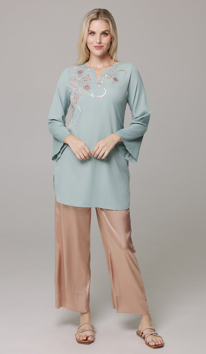 Dena Embroidered Modest Formal Tunic - Sage/Metallic