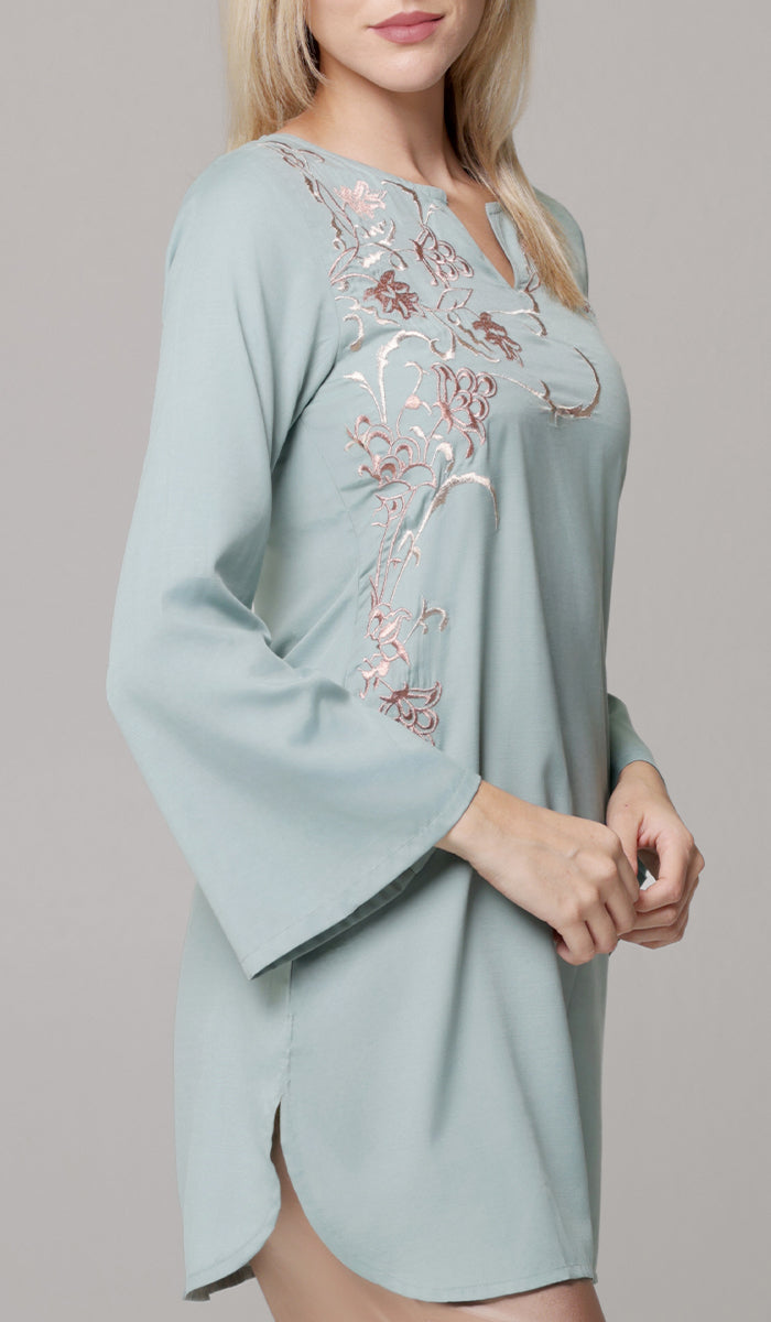 Dena Embroidered Modest Formal Tunic - Sage/Metallic