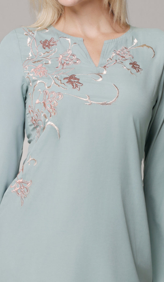 Dena Embroidered Modest Formal Tunic - Sage/Metallic