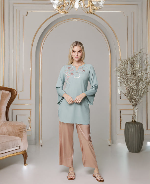 Dena Embroidered Modest Formal Tunic - Sage/Metallic
