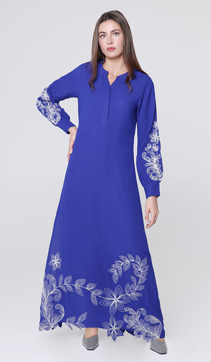 Doha Cutwork Embellished Modest Long Maxi Dress - Royal Blue