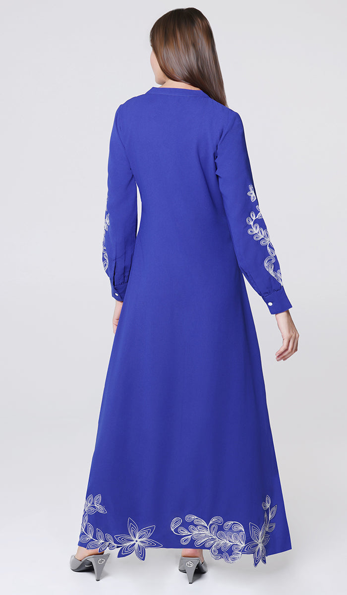 Doha Cutwork Embellished Modest Long Maxi Dress - Royal Blue