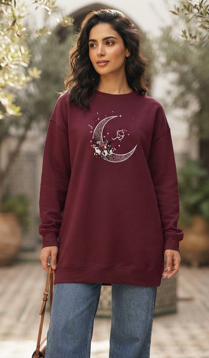 Eco-Friendly Antique Rose Arabic Calligraphy Crewneck Pullover Sweatshirt - Tawakkal (Trust)