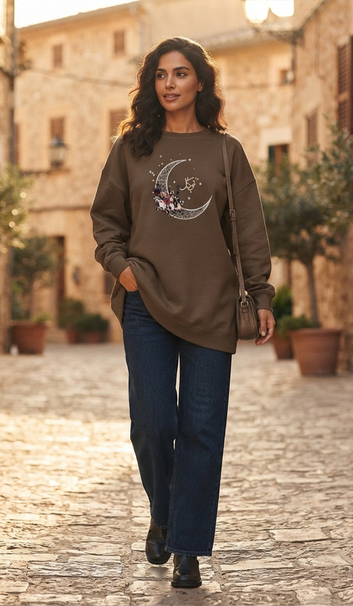 Eco-Friendly Antique Rose Arabic Calligraphy Crewneck Pullover Sweatshirt - Tawakkal (Trust)