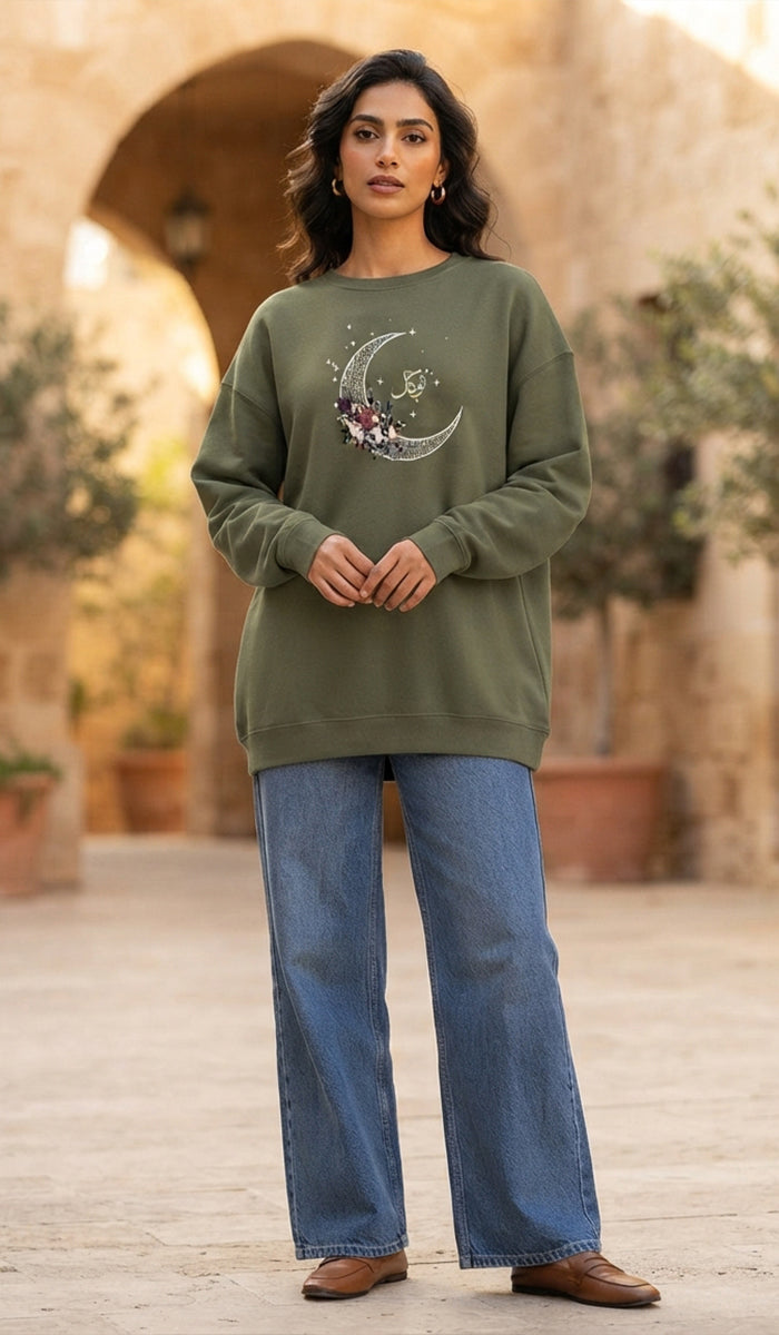 Eco-Friendly Antique Rose Arabic Calligraphy Crewneck Pullover Sweatshirt - Tawakkal (Trust)