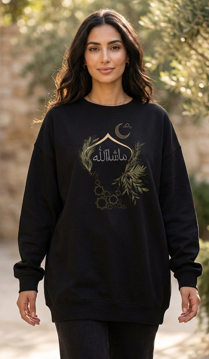 Eco-Friendly Olive and Crescent Arabic Calligraphy Crewneck Pullover Sweatshirt - Masha  Allah (Praise)