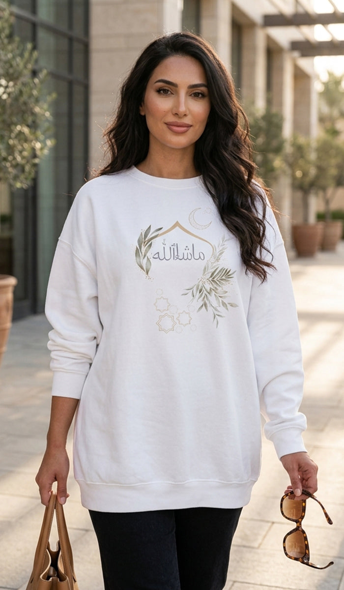 Eco-Friendly Olive and Crescent Arabic Calligraphy Crewneck Pullover Sweatshirt - Masha  Allah (Praise)