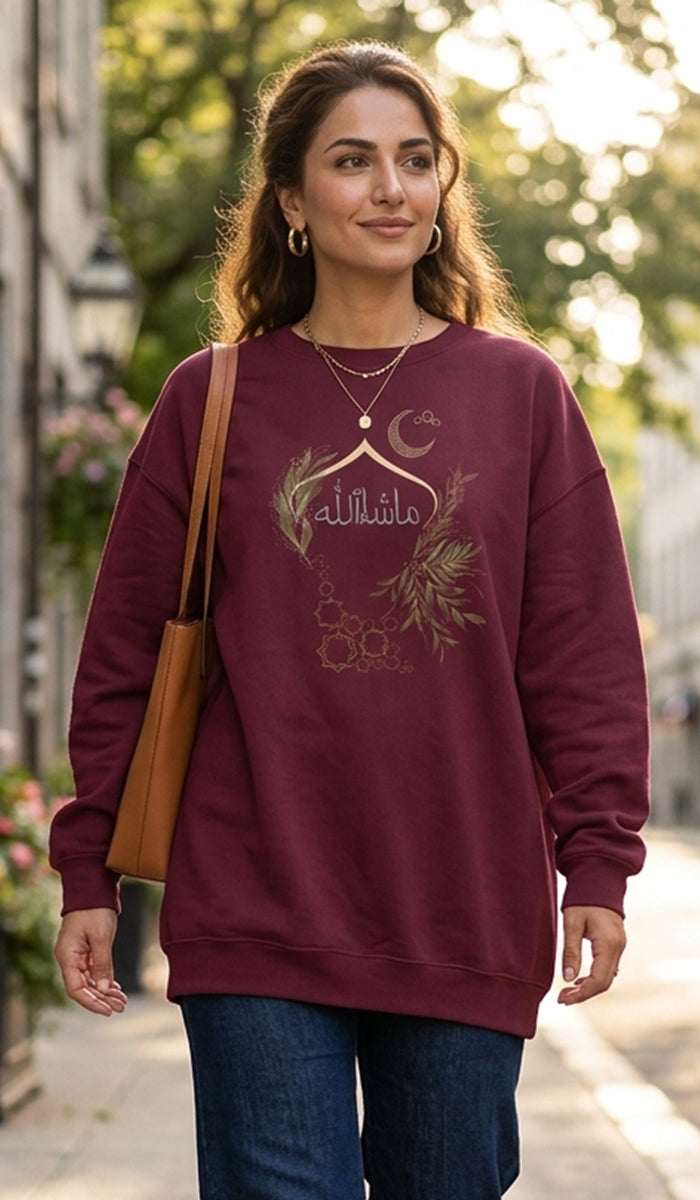 Eco-Friendly Olive and Crescent Arabic Calligraphy Crewneck Pullover Sweatshirt - Masha  Allah (Praise)