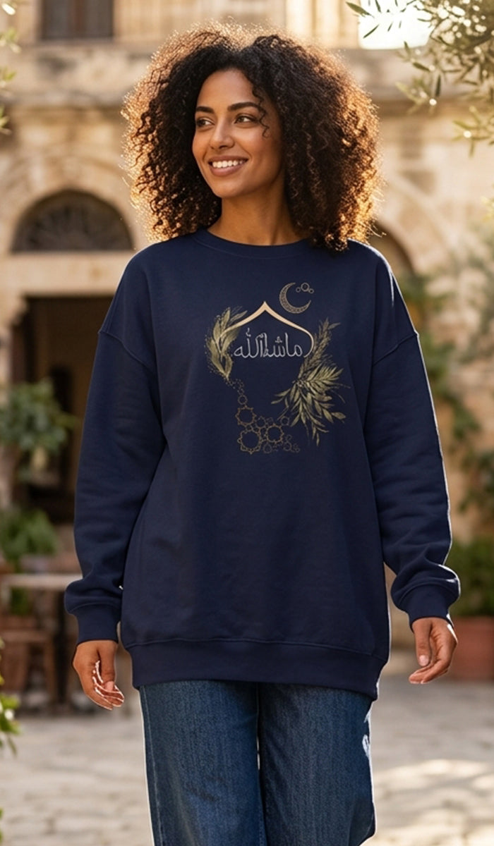 Eco-Friendly Olive and Crescent Arabic Calligraphy Crewneck Pullover Sweatshirt - Masha  Allah (Praise)