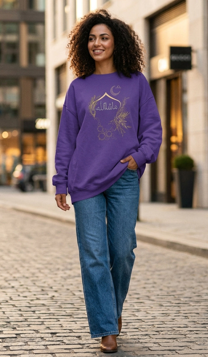 Eco-Friendly Olive and Crescent Arabic Calligraphy Crewneck Pullover Sweatshirt - Masha  Allah (Praise)