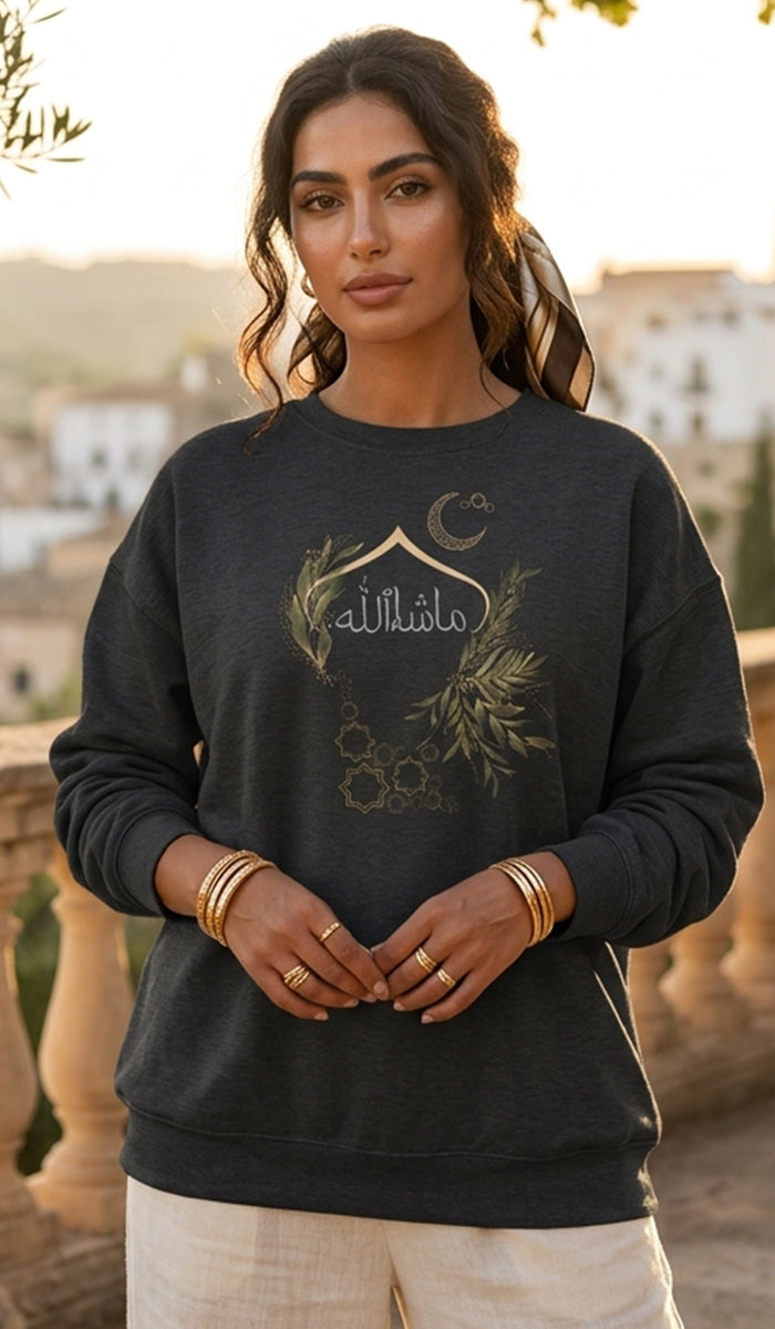 Eco-Friendly Olive and Crescent Arabic Calligraphy Crewneck Pullover Sweatshirt - Masha  Allah (Praise)